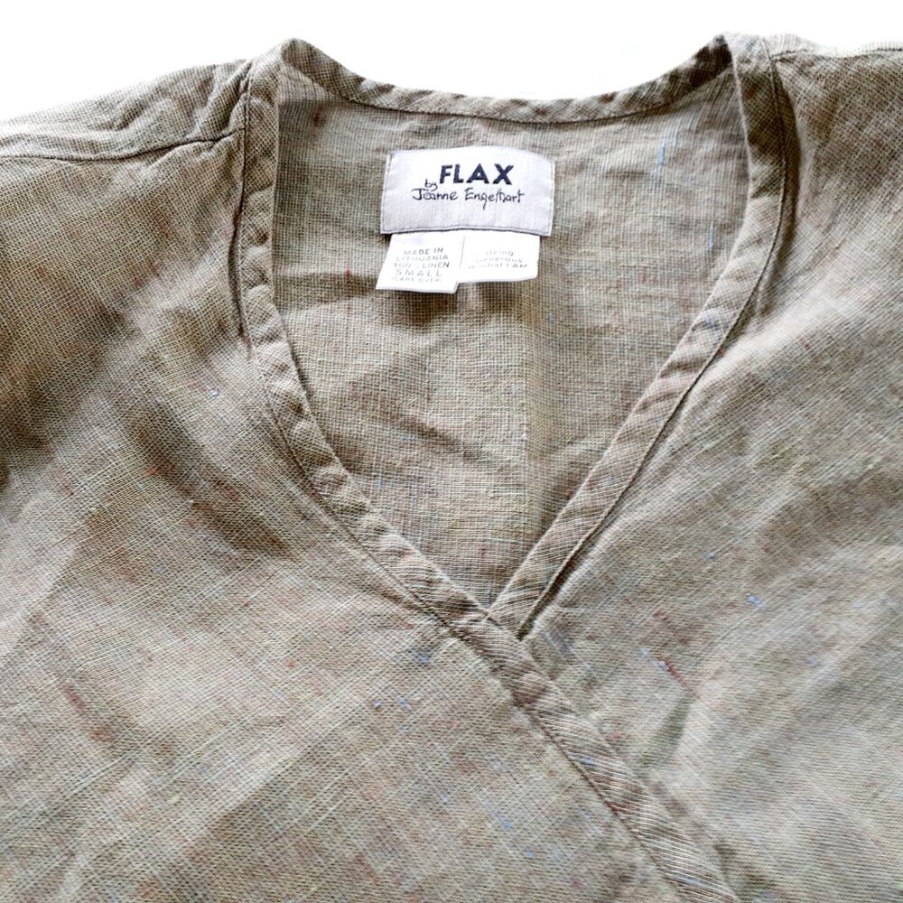 FLAX Womens Linen Shirt Green Tan Lagenlook Small - Picture 2 of 13